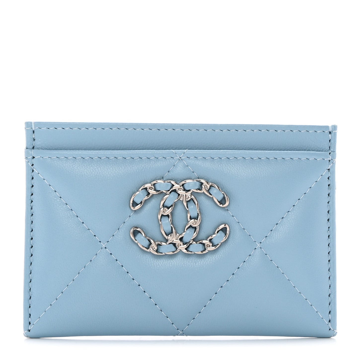 Lambskin Quilted Chanel 19 Card Holder Light Blue