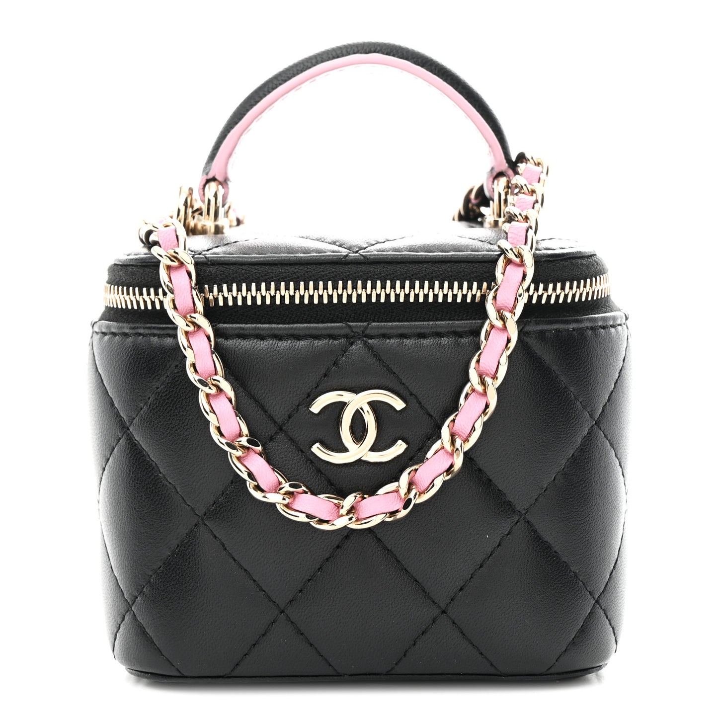 Lambskin Quilted Top Handle Mini Vanity Case With Chain Black Pink