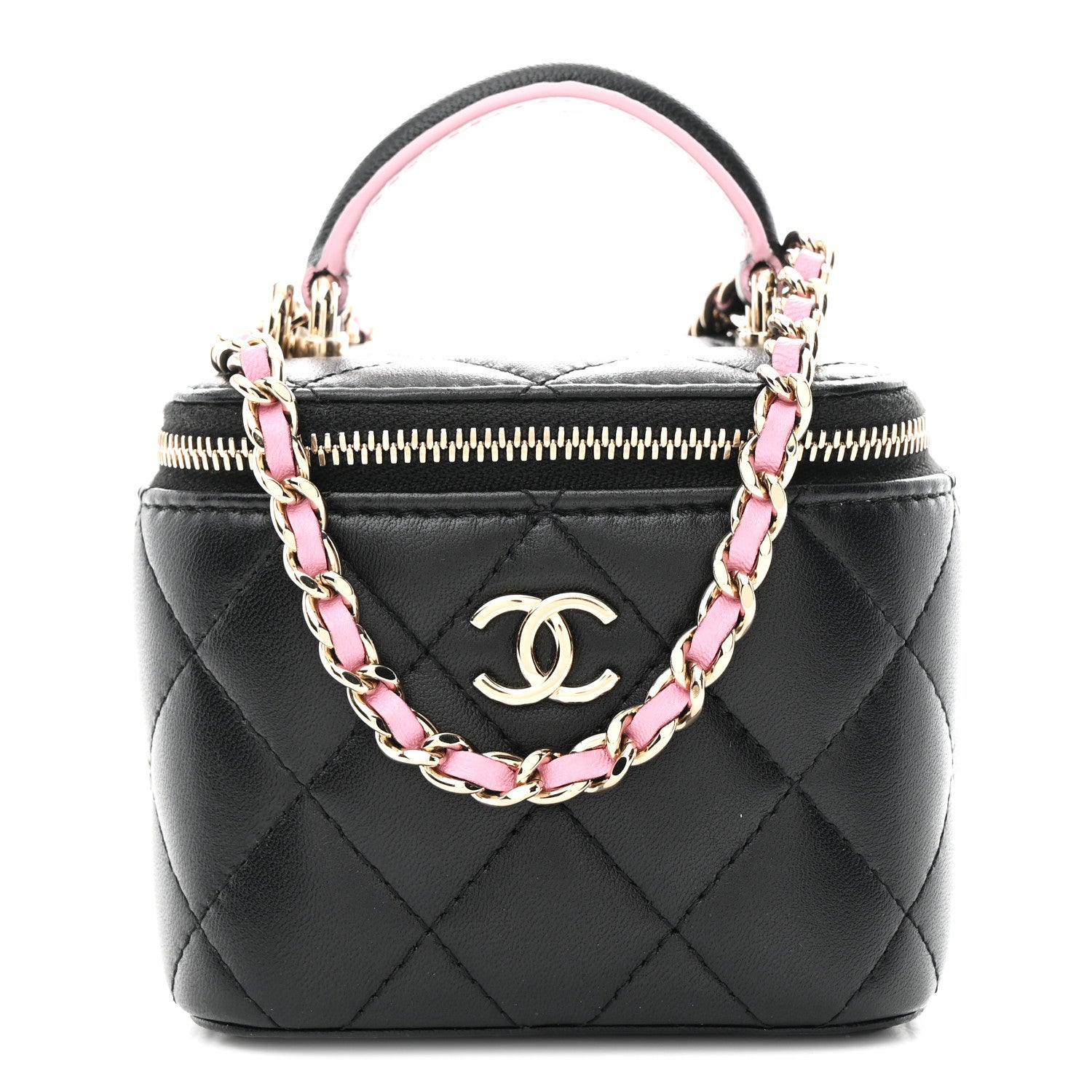 Chanel Lambskin Quilted Top Handle Mini Vanity Case With Chain Black Pink 1 of 10