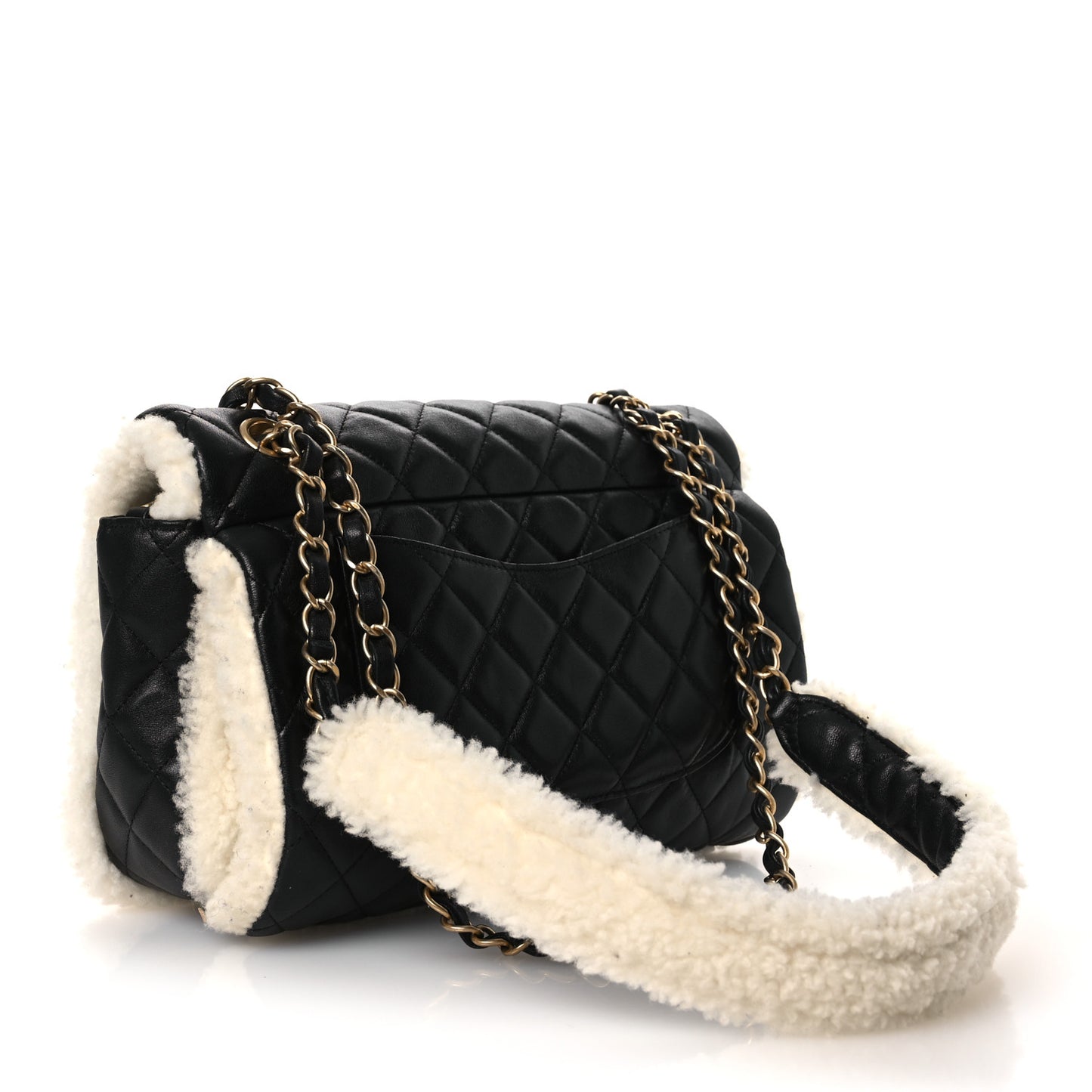 Lambskin Shearling Large CC Flap Bag Black White