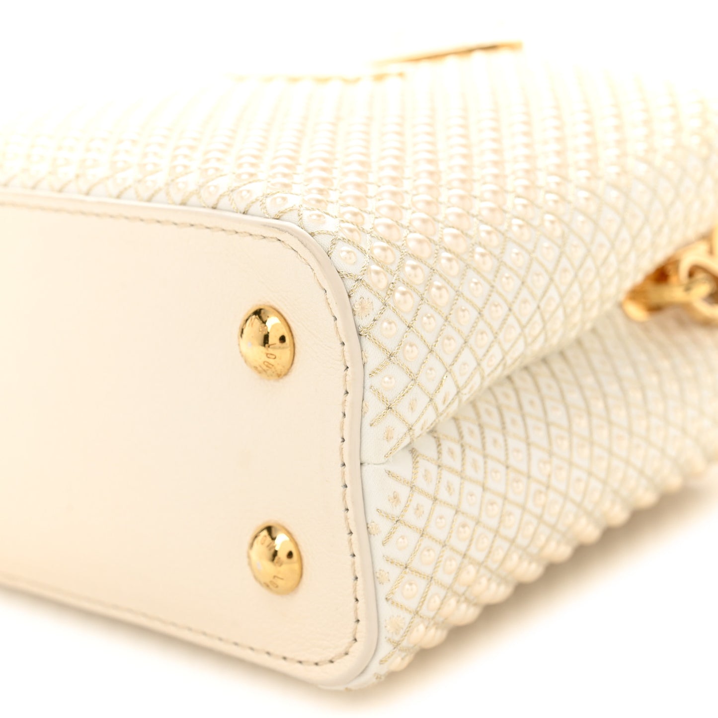 Metallic Calfskin Satin Pearl Embellished Mini Treasure Capucines Cream