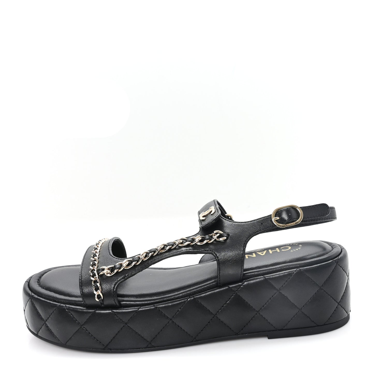 Lambskin Quilted Chain CC Platform Sandals 39.5 Black