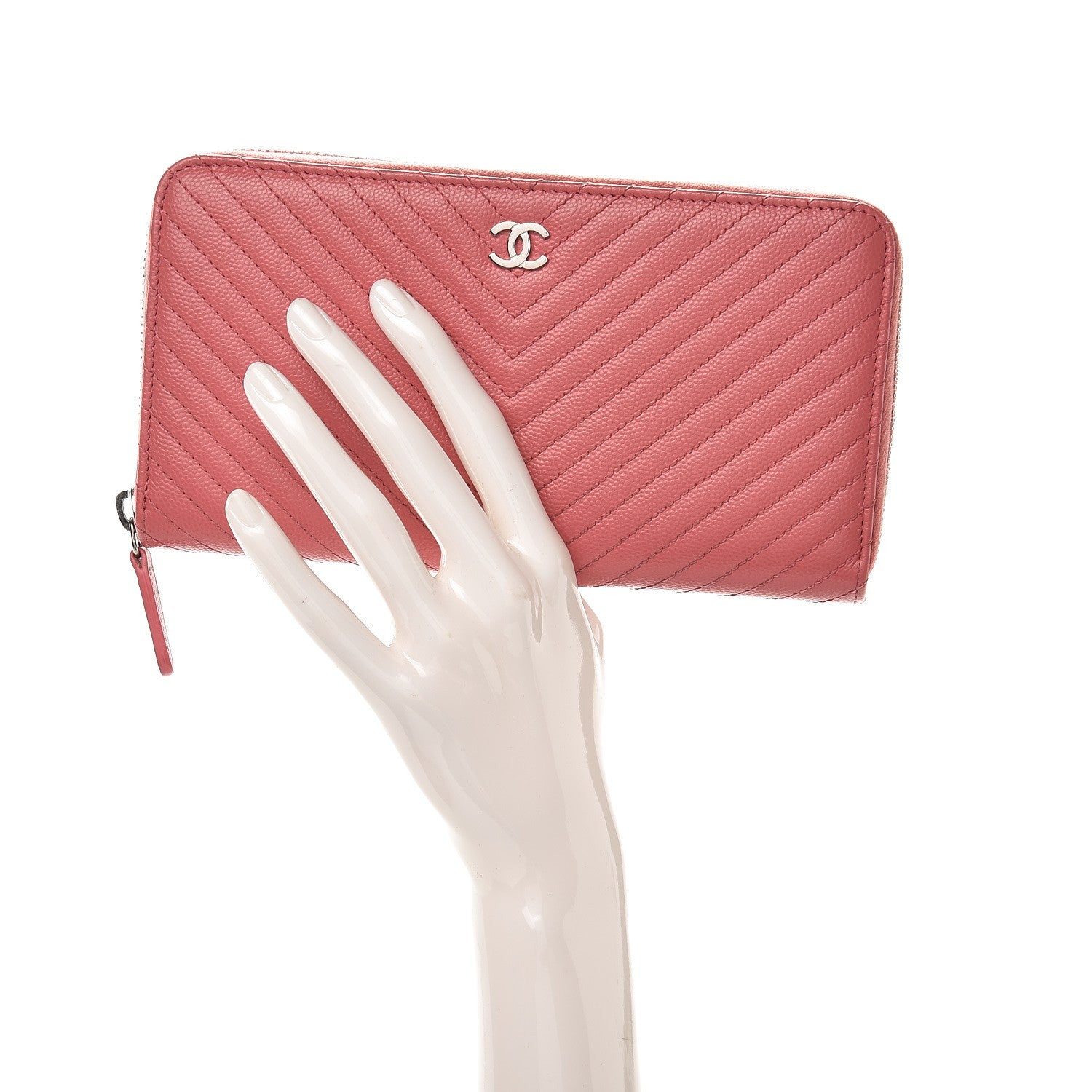 Chanel Caviar Chevron Large Gusset Zip Around Wallet Pink 2 of 9