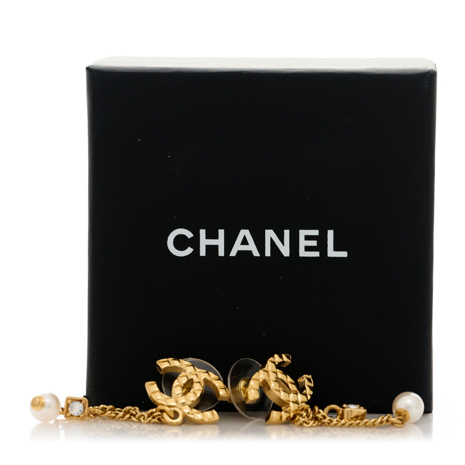 Chanel Crystal Pearl Quilted CC Chain Drop Earrings Gold 5 of 5