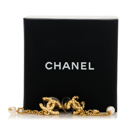 Chanel Crystal Pearl Quilted CC Chain Drop Earrings Gold 5 of 5