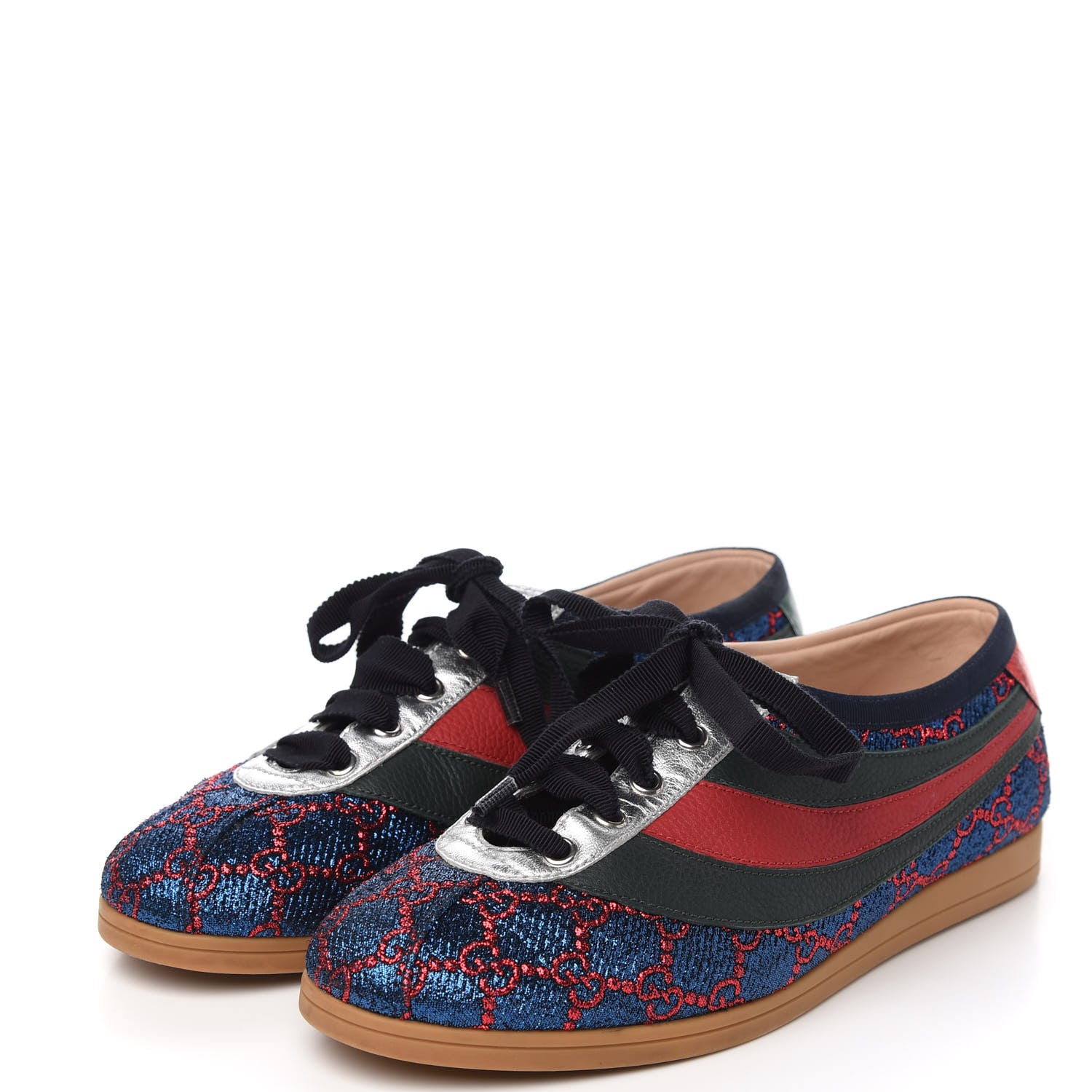Gucci Lurex Calfskin Web GG Monogram Womens Falacer Sneakers 39.5 Iridescent Blue Iridescent Red Silver 3 of 9