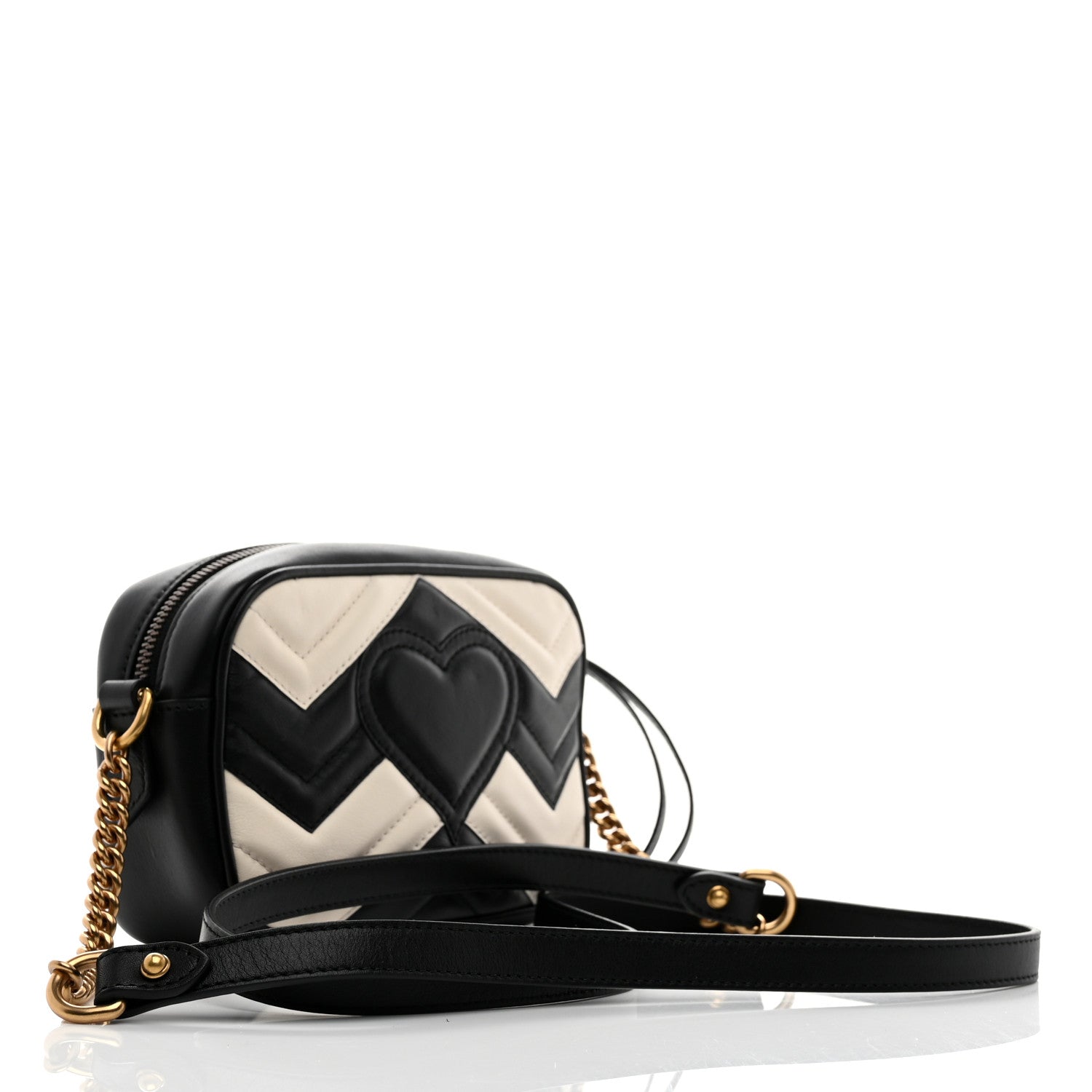 Gucci Calfskin Matelasse Mini GG Marmont Chain Shoulder Bag Black White 3 of 11