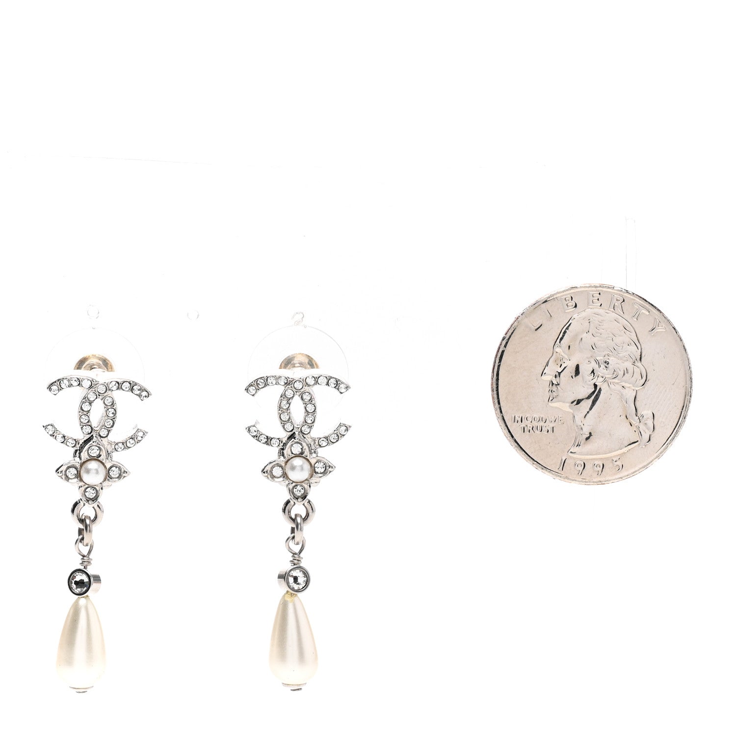 Chanel Crystal Pearl Flower CC Drop Earrings Silver 2 of 4