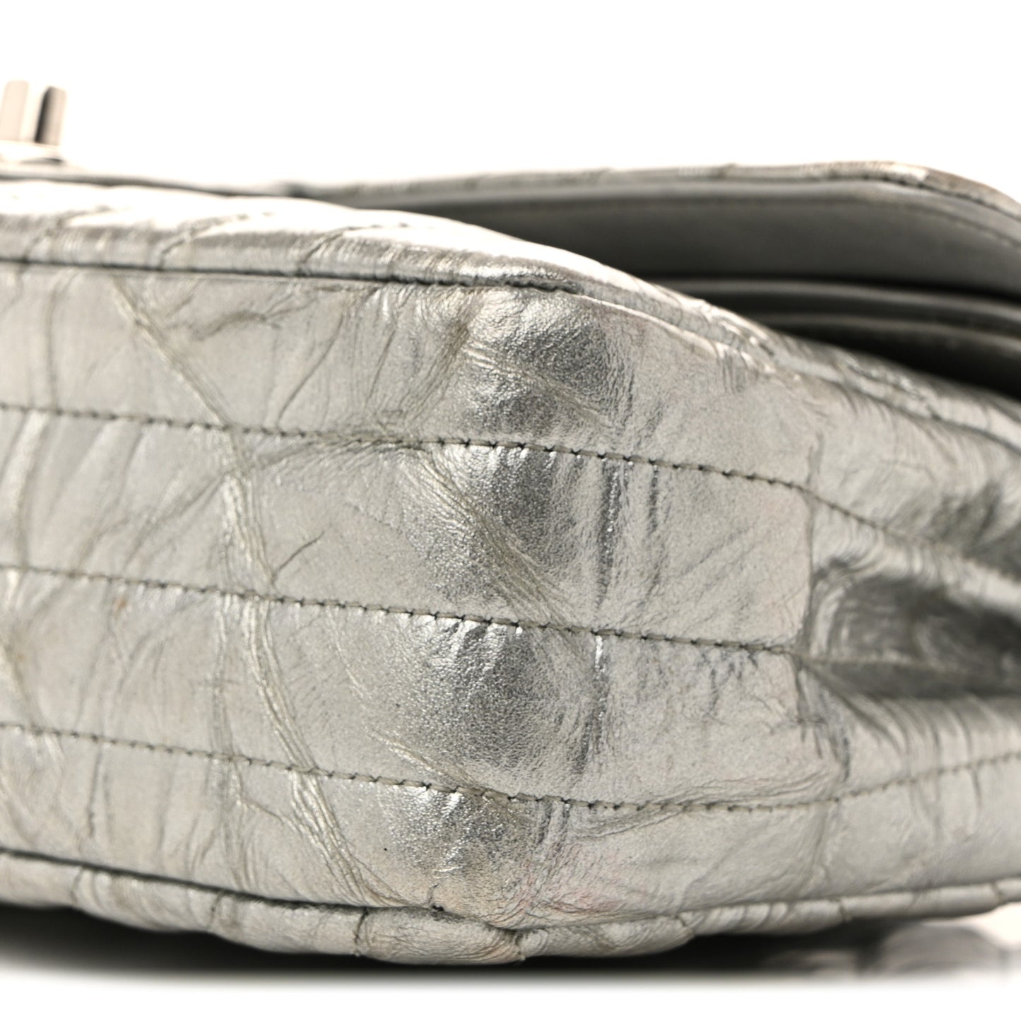 Metallic Patent Crumpled Calfskin Chevron Quilted Medium Double Flap Silver