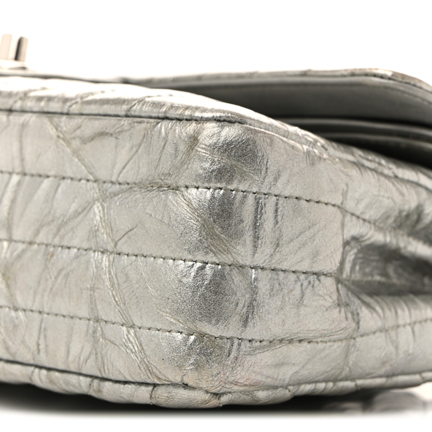 Chanel Metallic Patent Crumpled Calfskin Chevron Quilted Medium Double Flap Silver 10 of 15
