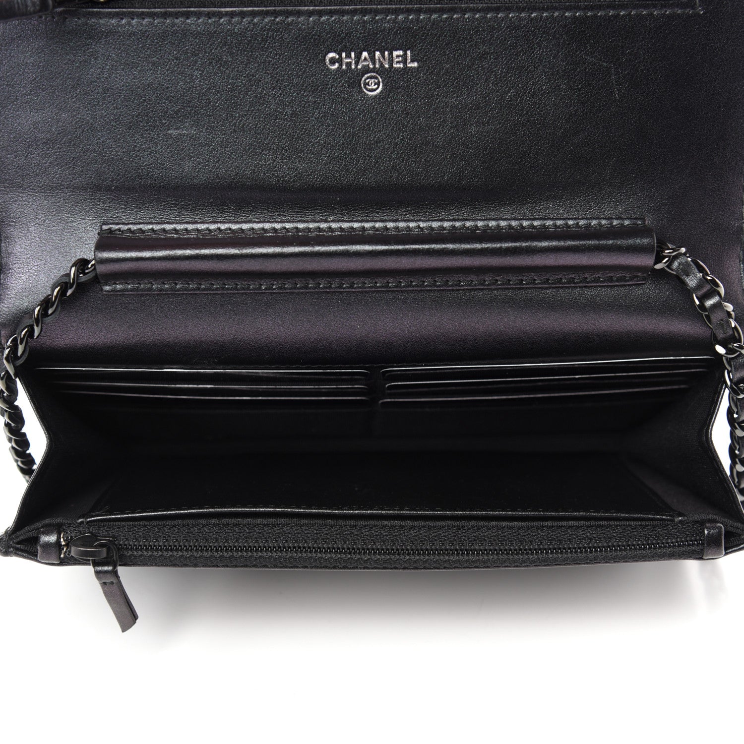 Chanel Patent Metallic Crumpled Calfskin Chevron Quilted Wallet On Chain WOC Black 5 of 14