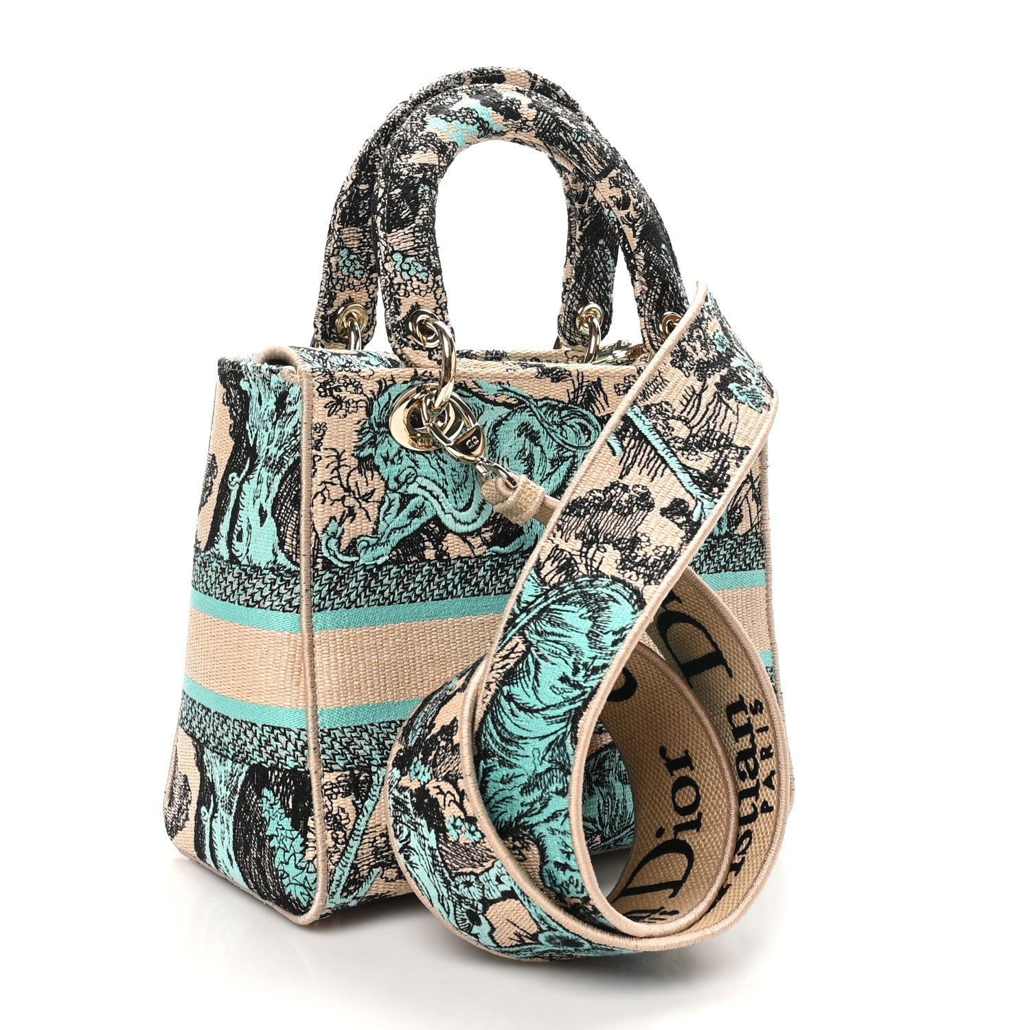 Christian Dior Raffia Toile De Jouy Sauvage Embroidered Medium Lady D-Lite Aquamarina 3 of 9