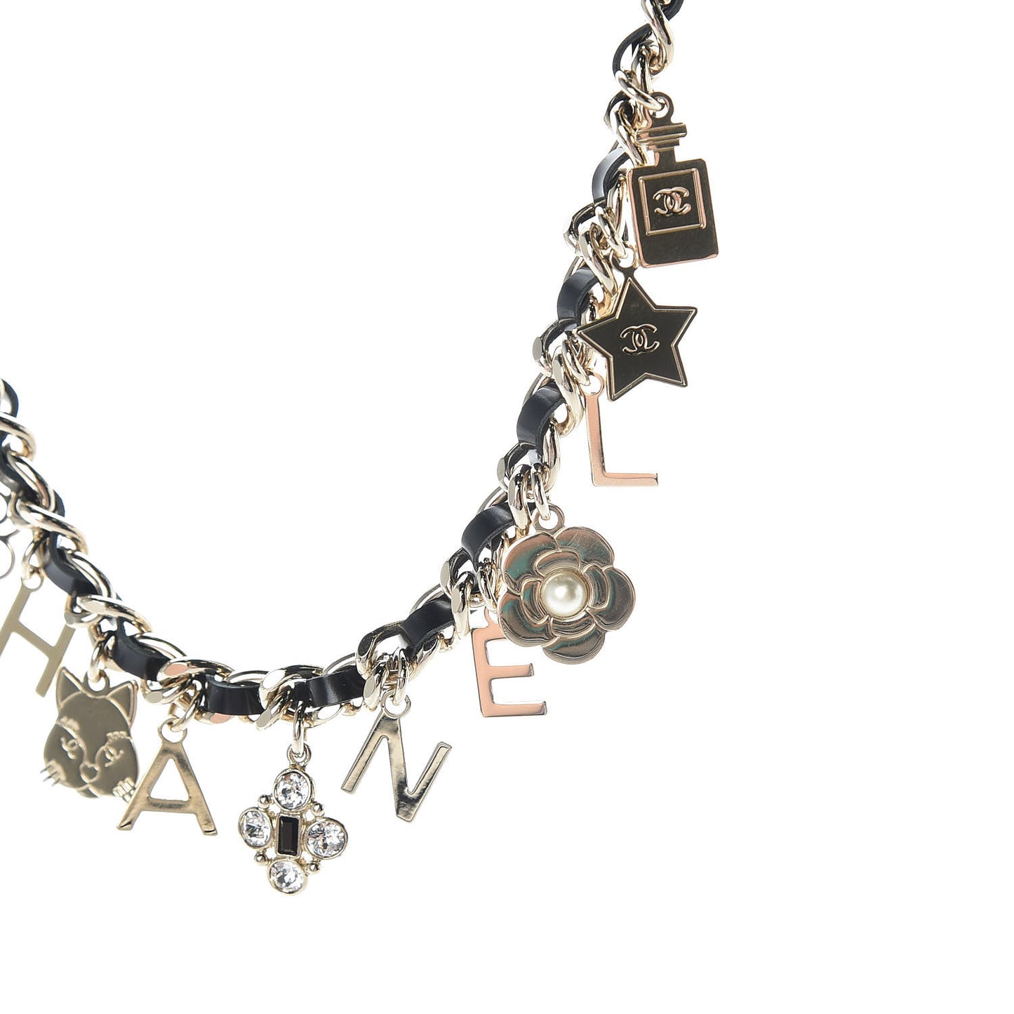 Glazed Calfskin Crystal Pearl Charm Short Necklace Black Gold