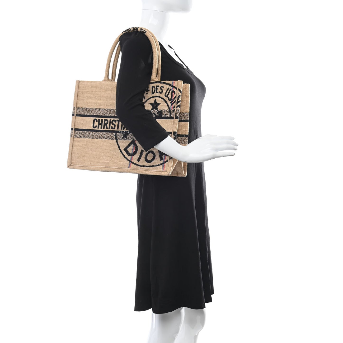 Canvas Jute Embroidered Medium Book Tote Black Beige