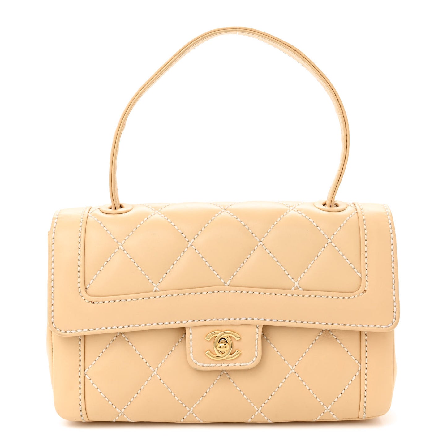 Calfskin Quilted Wild Stitch Top Handle Flap Beige