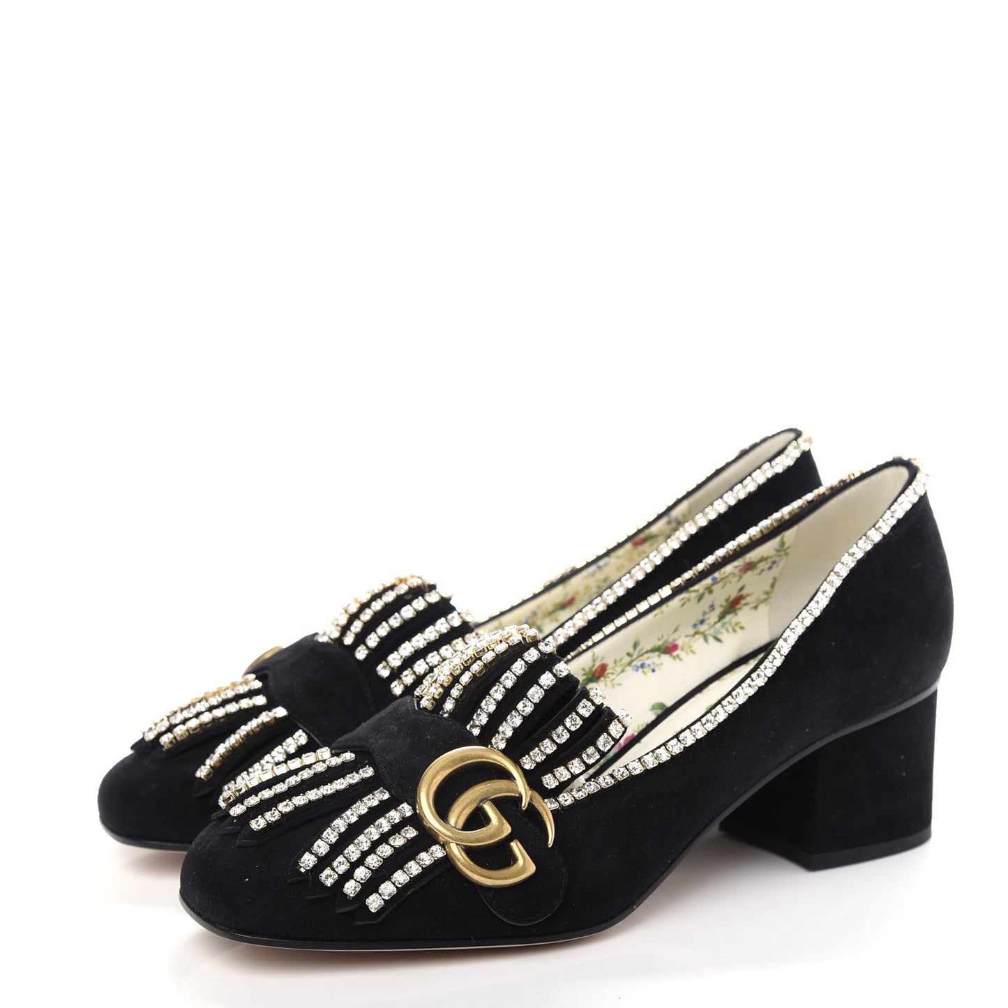 Kid Scamosciato Crystal GG Marmont Fringe 50mm Loafer Pumps 36.5 Black