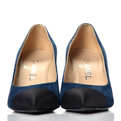 Chanel Suede Satin Cap Toe Gabrielle Pumps 35 Navy Black 2 of 9