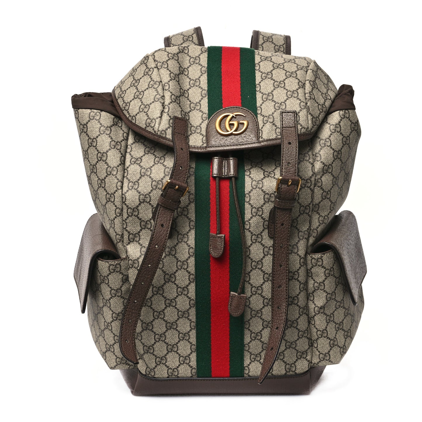 GG Supreme Monogram Medium Ophidia Double Buckle Backpack Brown