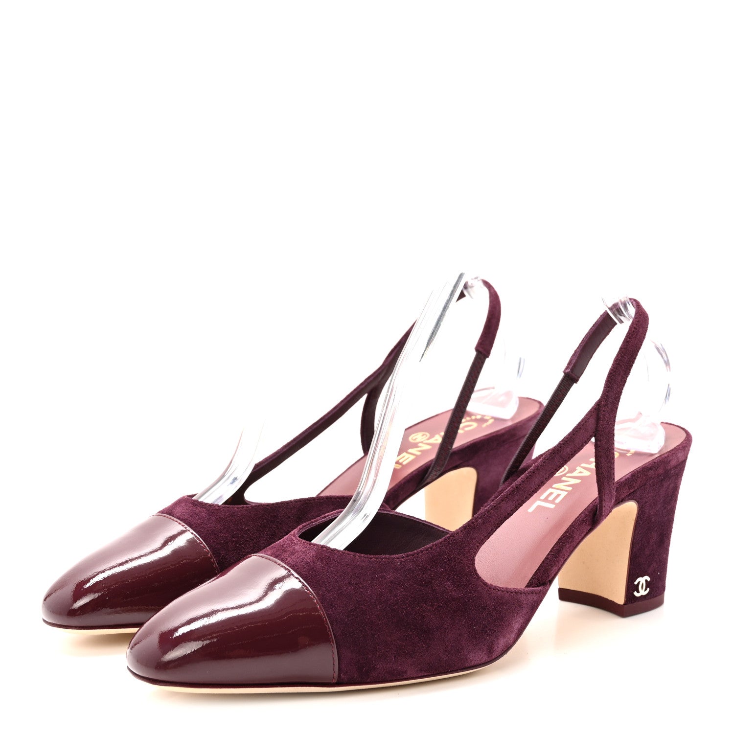 Chanel Suede Patent Cap Toe CC Slingback Pumps 40.5 Burgundy 4 of 10