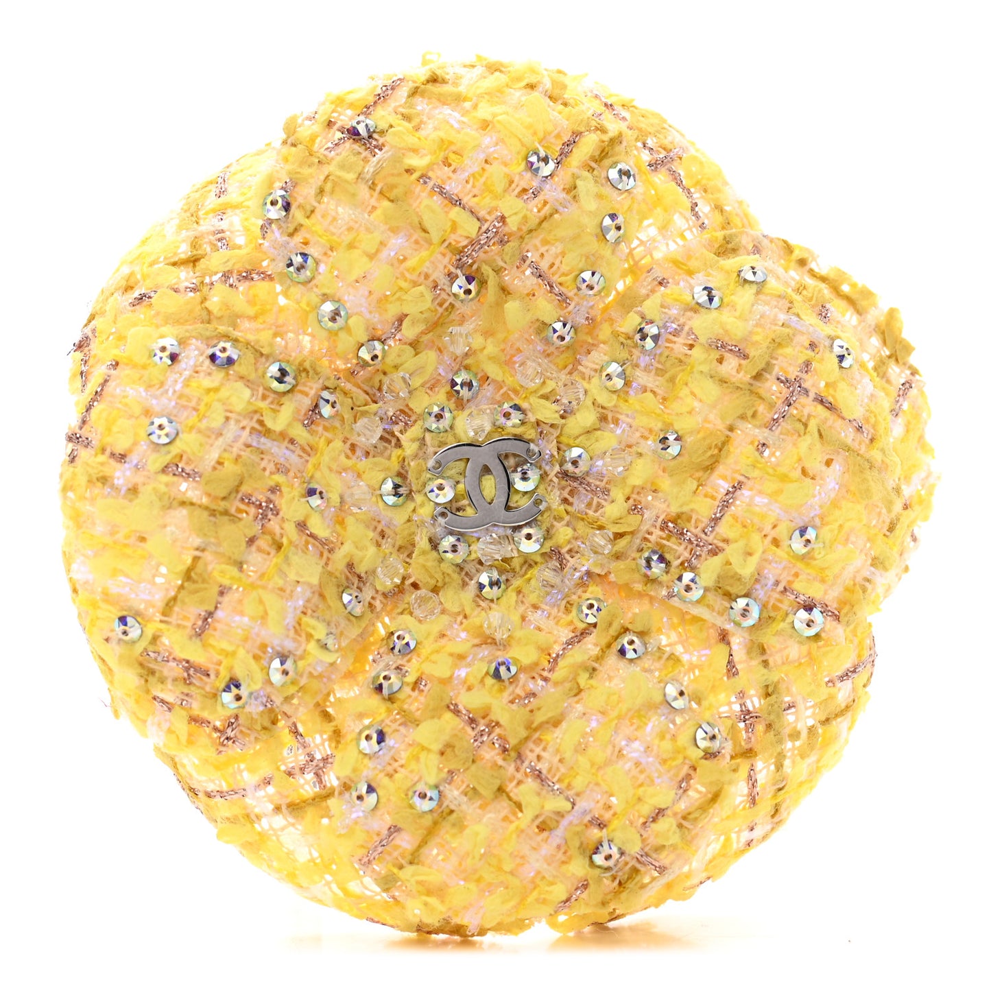 Tweed Crystal CC Camellia Brooch Yellow