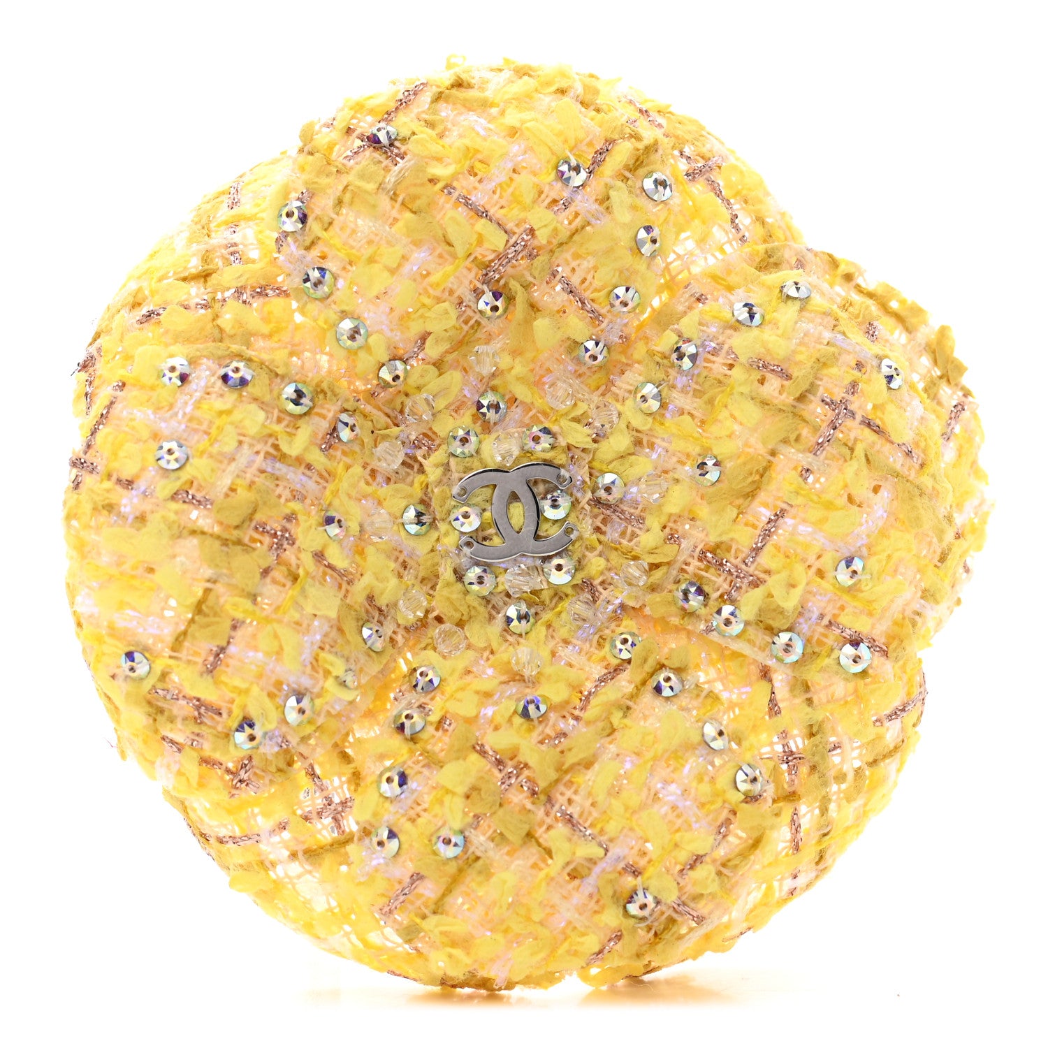 Chanel Tweed Crystal CC Camellia Brooch Yellow 1 of 5