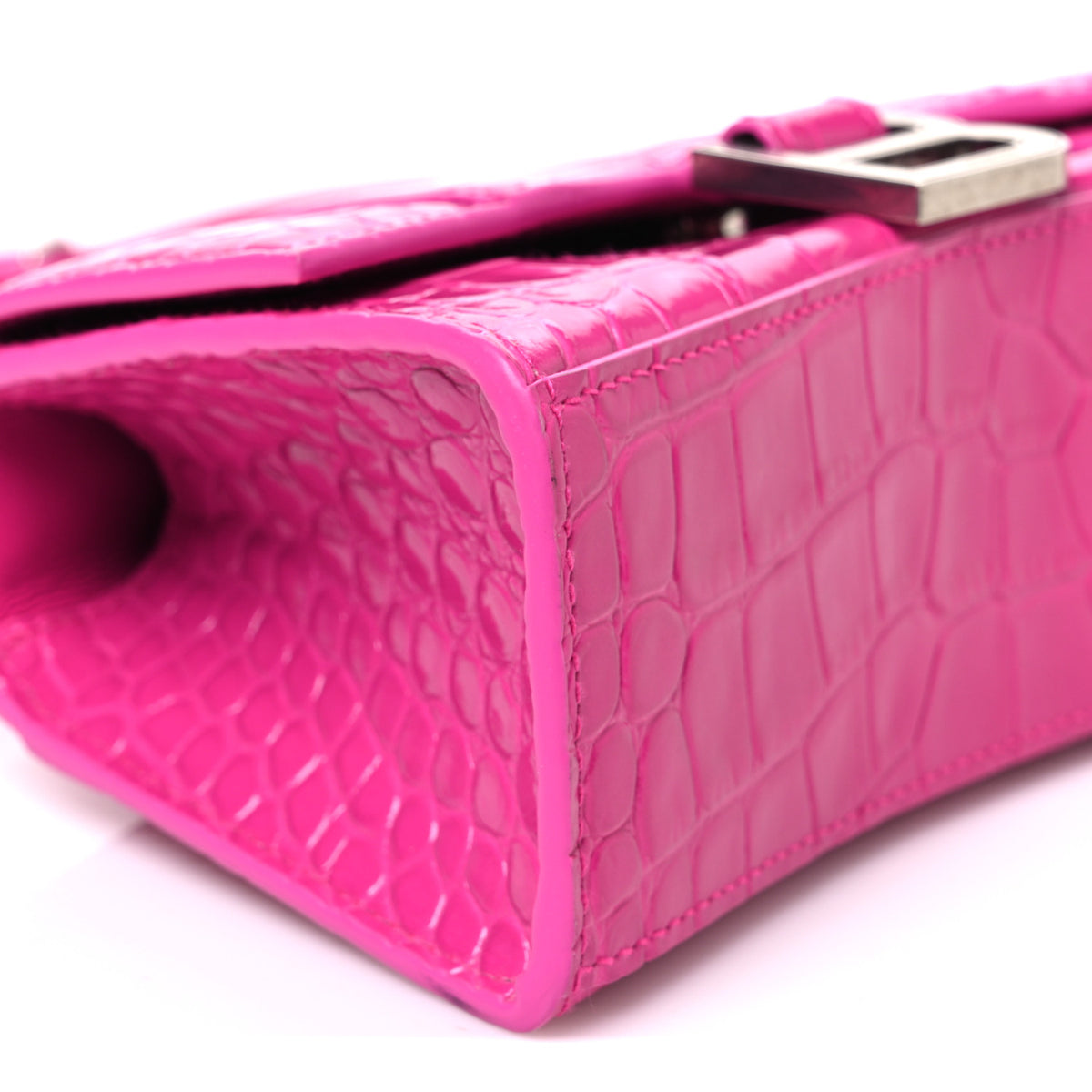 Shiny Calfskin Crocodile Embossed Hourglass Top Handle Bag XS Lipstick Pink