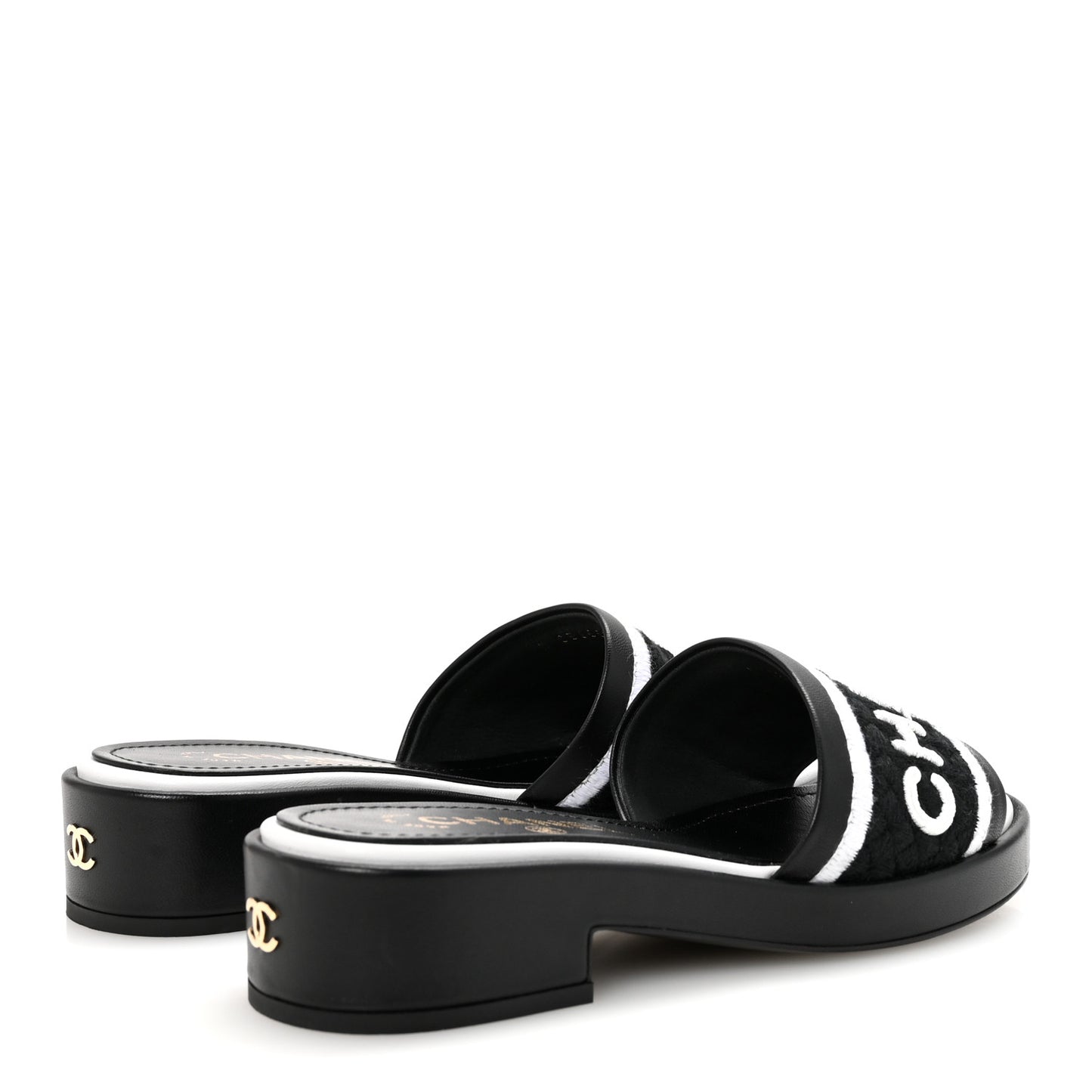 Lambskin Embroidered CC Mule Sandal 35 Black White