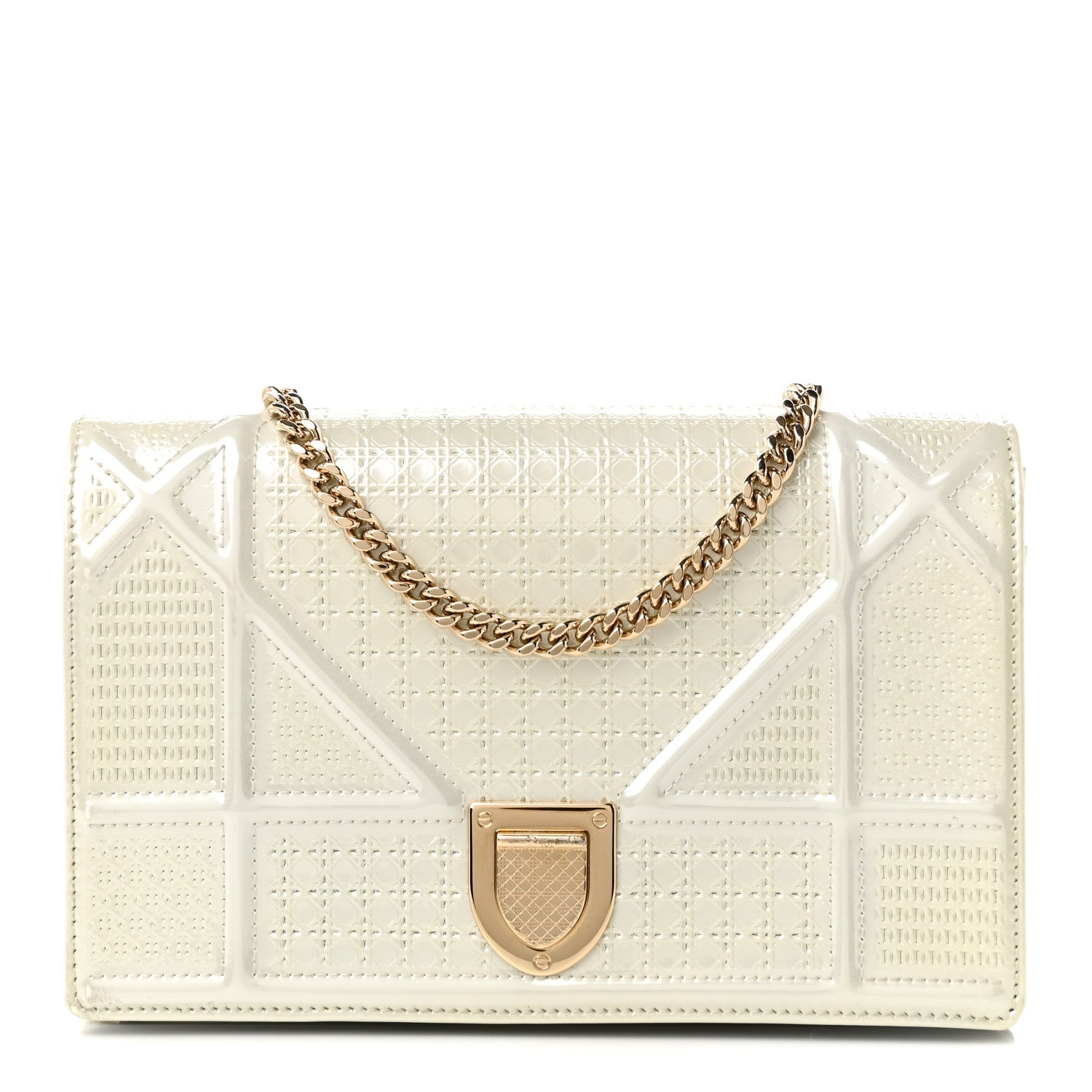 Christian Dior Patent Micro-Cannage Diorama Wallet on Chain Pouch Metallic White 1 of 9