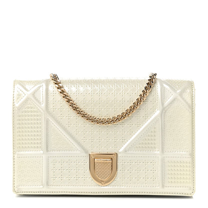 Christian Dior Patent Micro-Cannage Diorama Wallet on Chain Pouch Metallic White 1 of 9