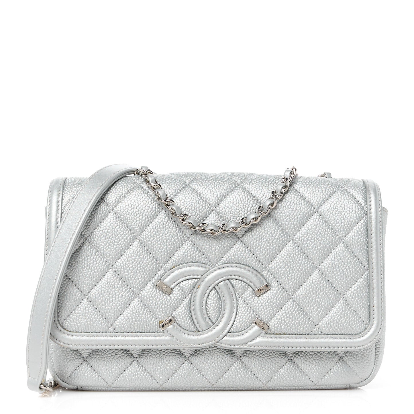 Metallic Caviar Quilted Small CC Filigree Flap Silver