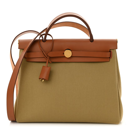 Hermes Military Toile Vache Hunter Herbag Zip Retourne 31 PM Poussiere Fauve 1 of 10