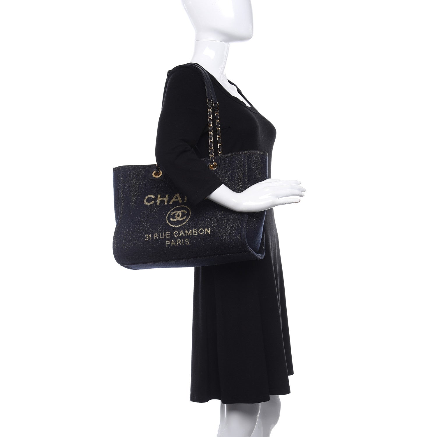 Chanel Lurex Canvas Small Deauville Tote Navy Blue Gold 2 of 10