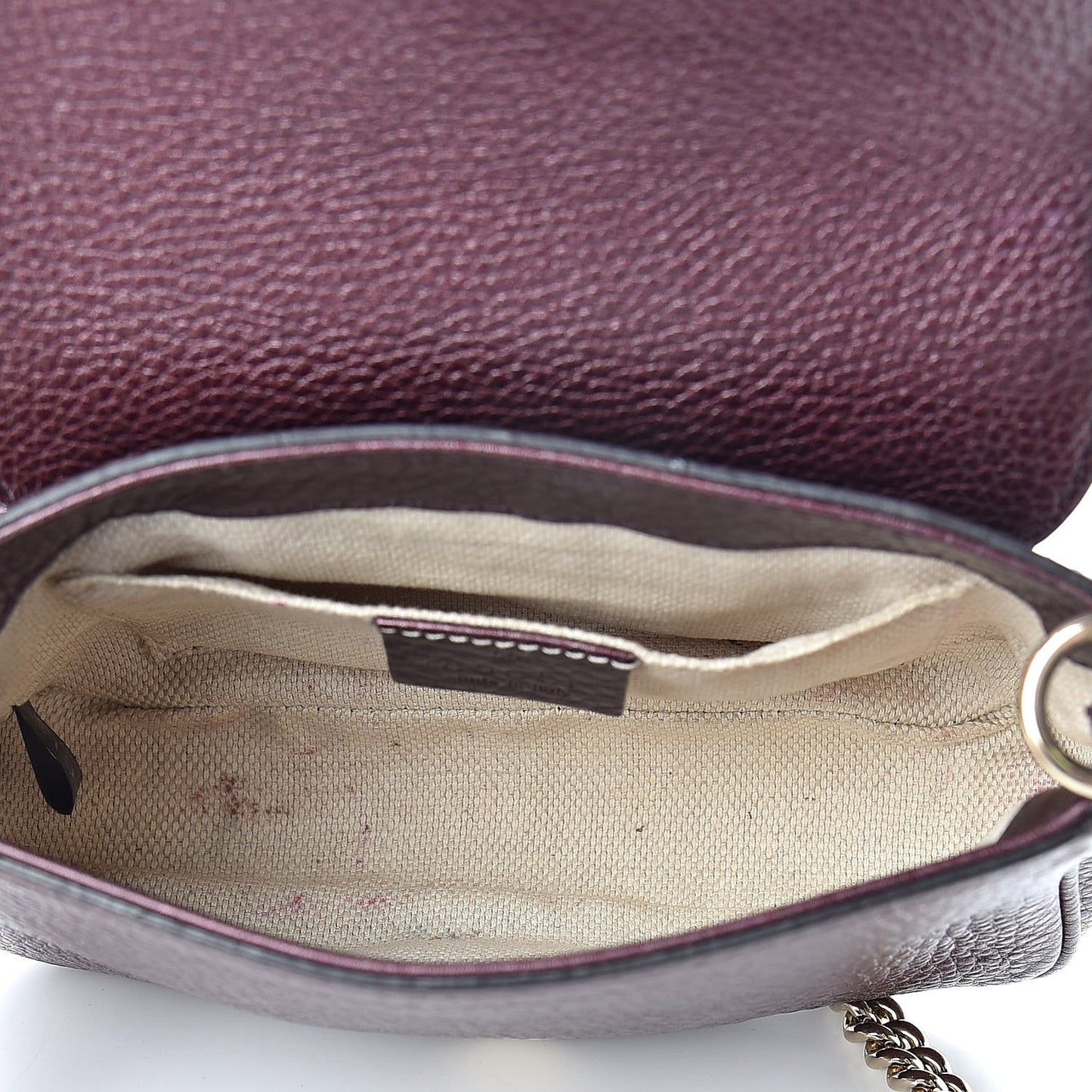 Metallic Pebbled Calfskin Small Soho Flap Crossbody Burgundy