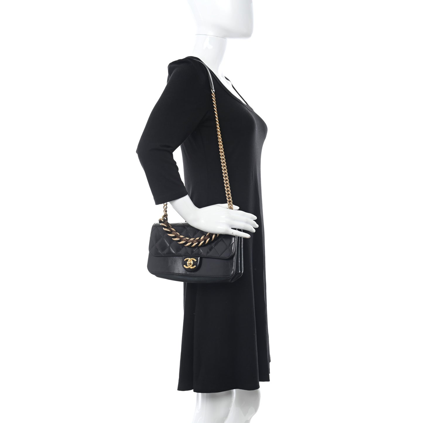 Glazed Calfskin Quilted Small Straight Lined Flap Black