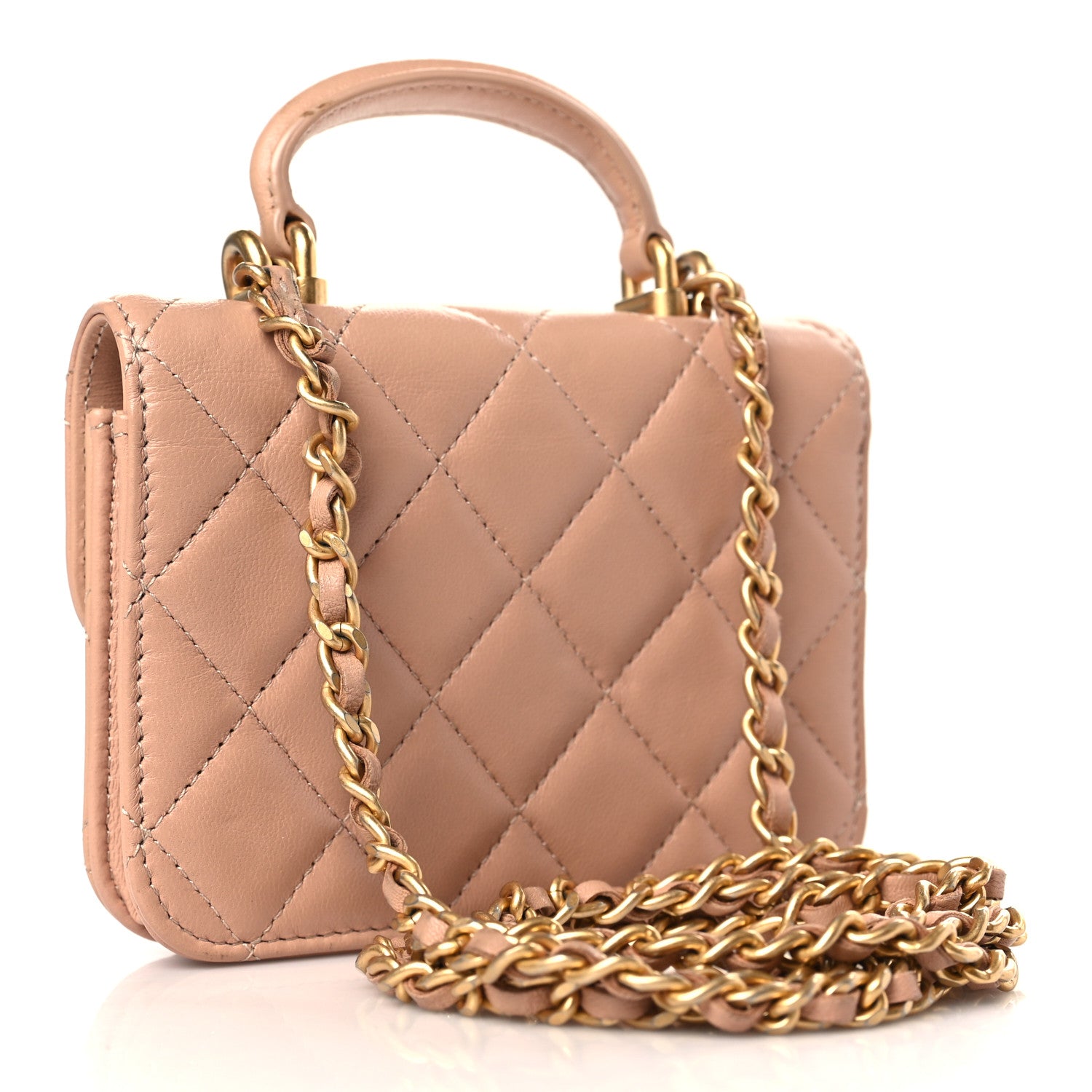 Chanel Lambskin Quilted Top Handle Flap Coin Purse With Chain Beige 3 of 11