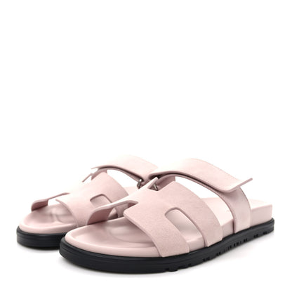 Hermes Suede Goatskin Womens Chypre Sandals 37.5 Rose Porcelaine 3 of 9