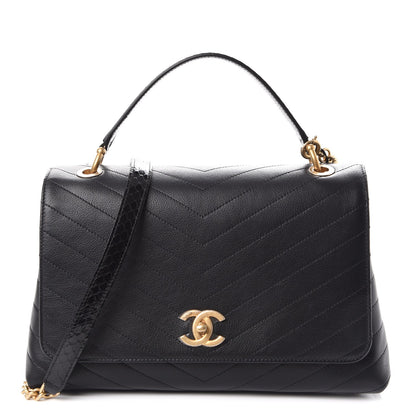 Chanel Grained Calfskin Elaphe Stitched Medium Chevron Chic Top Handle Flap Black 1 of 8