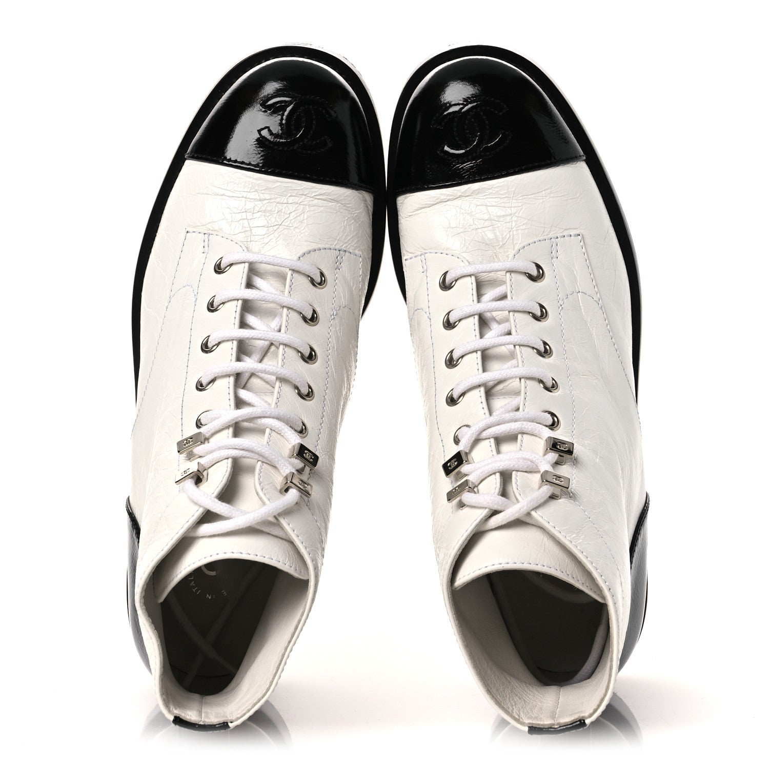 Chanel Distressed Patent Cap Toe Combat Boots 38 White Black 2 of 12