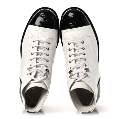Chanel Distressed Patent Cap Toe Combat Boots 38 White Black 2 of 12