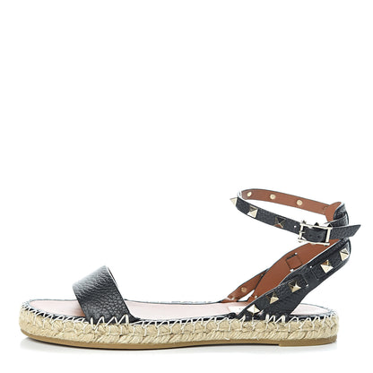 Valentino Garavani Grained Calfskin Rockstud Ankle Strap Espadrille Flat Sandals 37 Black 1 of 9