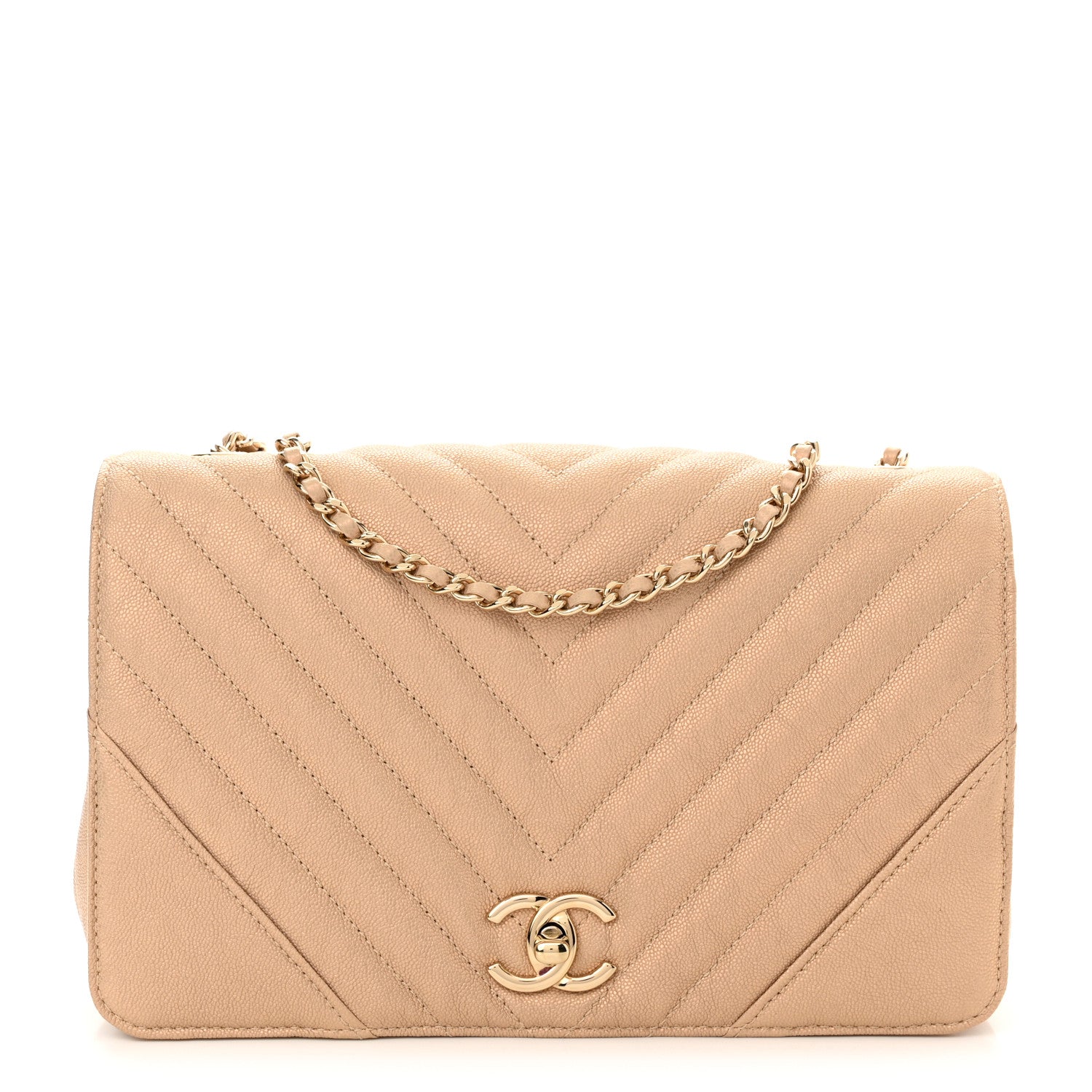 Chanel Metallic Caviar Chevron Quilted Medium Statement Flap Beige 1 of 10