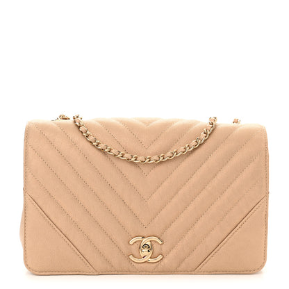 Chanel Metallic Caviar Chevron Quilted Medium Statement Flap Beige 1 of 10
