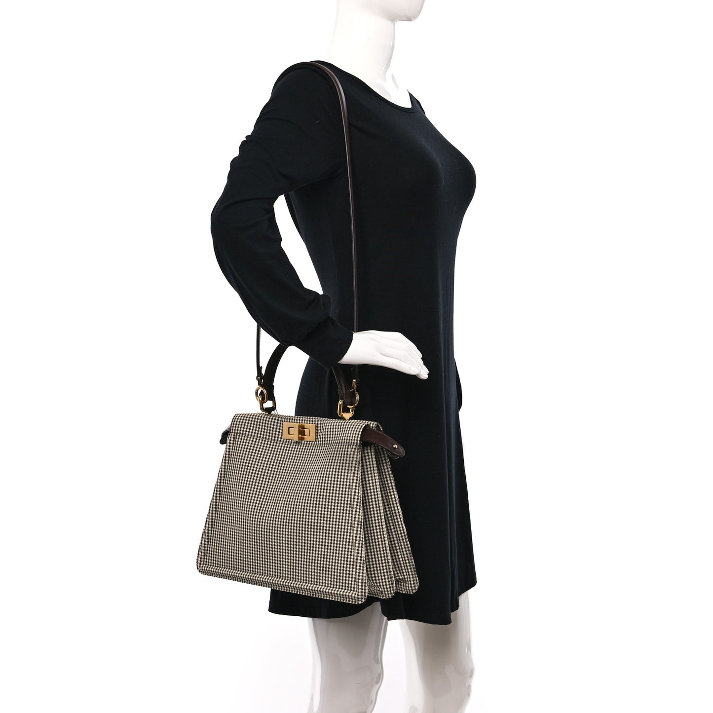 Wool Fabric Jacquard Cuoio Large Houndstooth FF 1974 Medium Peekaboo I SEE U Satchel Beige Tobacco Moro