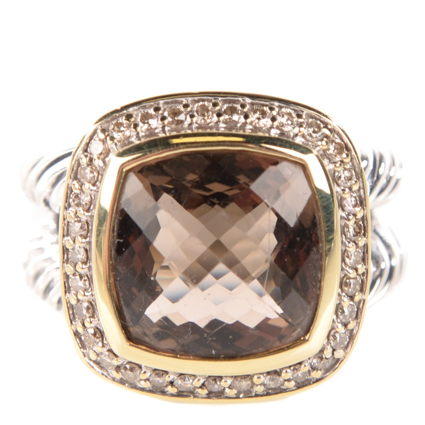 Sterling Silver 18K Yellow Gold Diamond Smoky Quartz 11mm Albion Ring 52 6