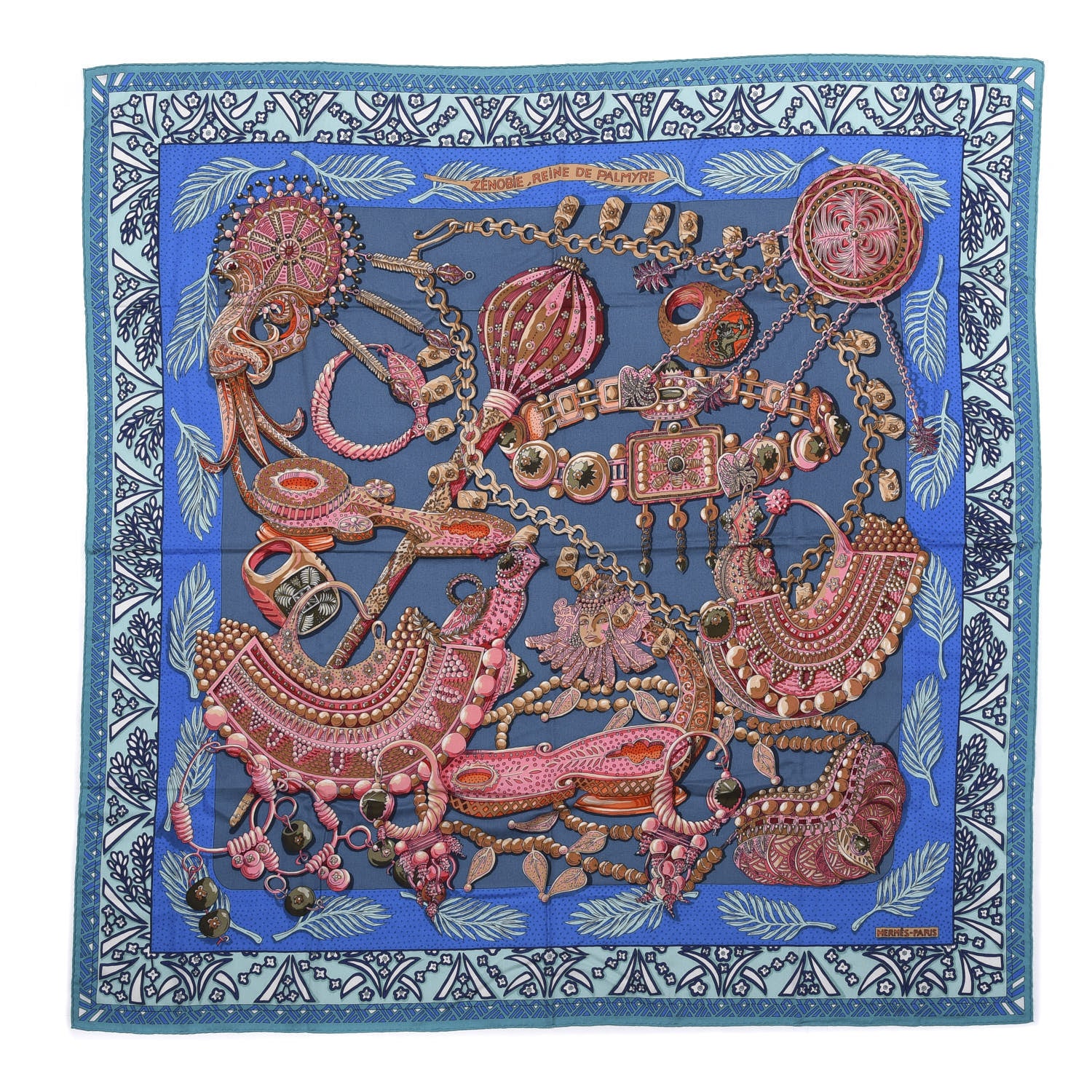 Hermes Cashmere Silk Zenobie Reine De Palmyre Shawl 140 Turquoise Rose Gris Bleuete 1 of 4