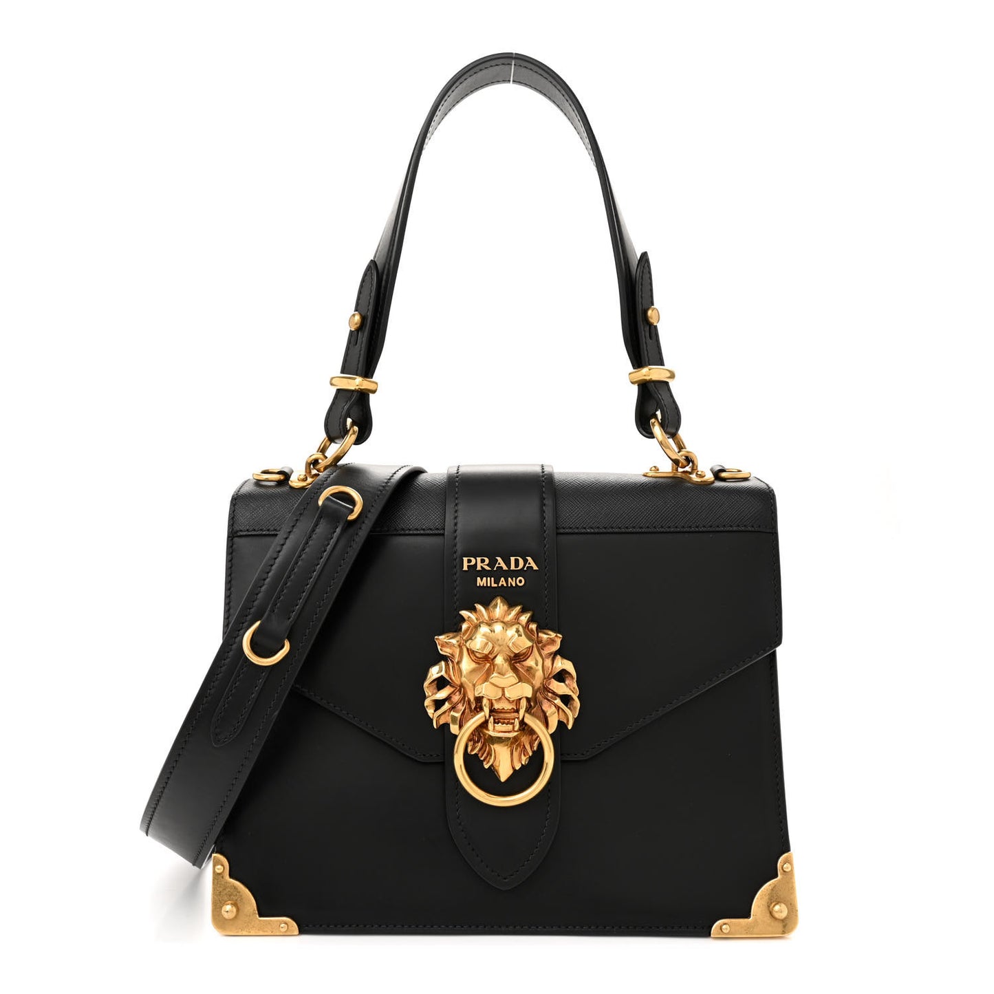 Antic Soft Saffiano Lions Head Cahier Shoulder Bag Black