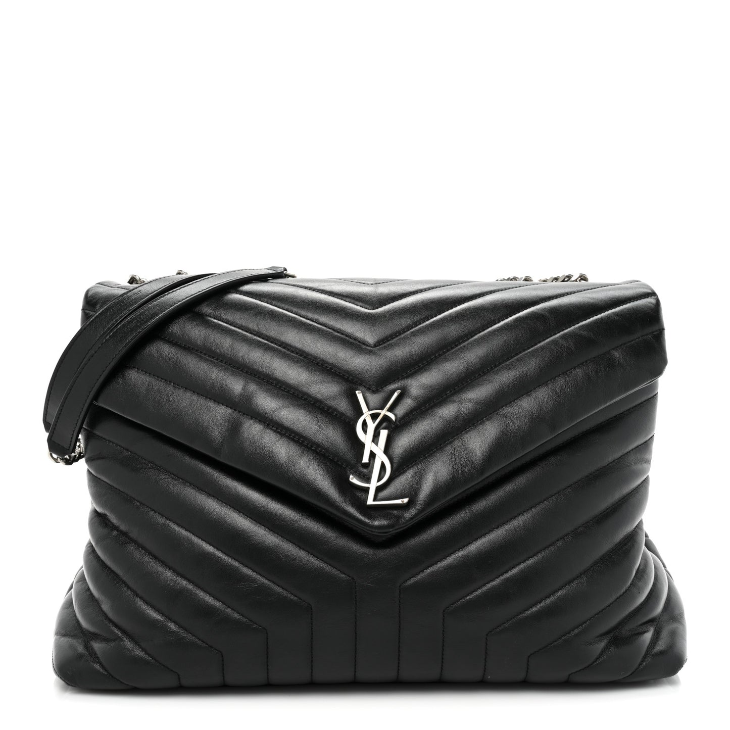 Calfskin Y Quilted Monogram Large Loulou Chain Satchel Black