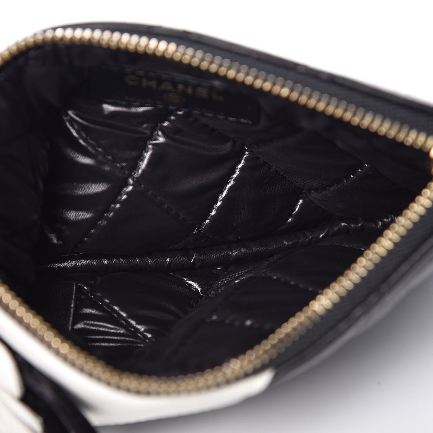 Lambskin Quilted Small Camellia Cosmetic Pouch Black White