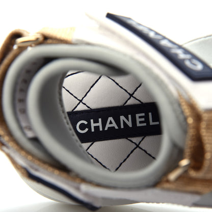 Chanel Goatskin Fabric Gladiator Sandals 37 White Light Grey Navy Blue 8 of 11