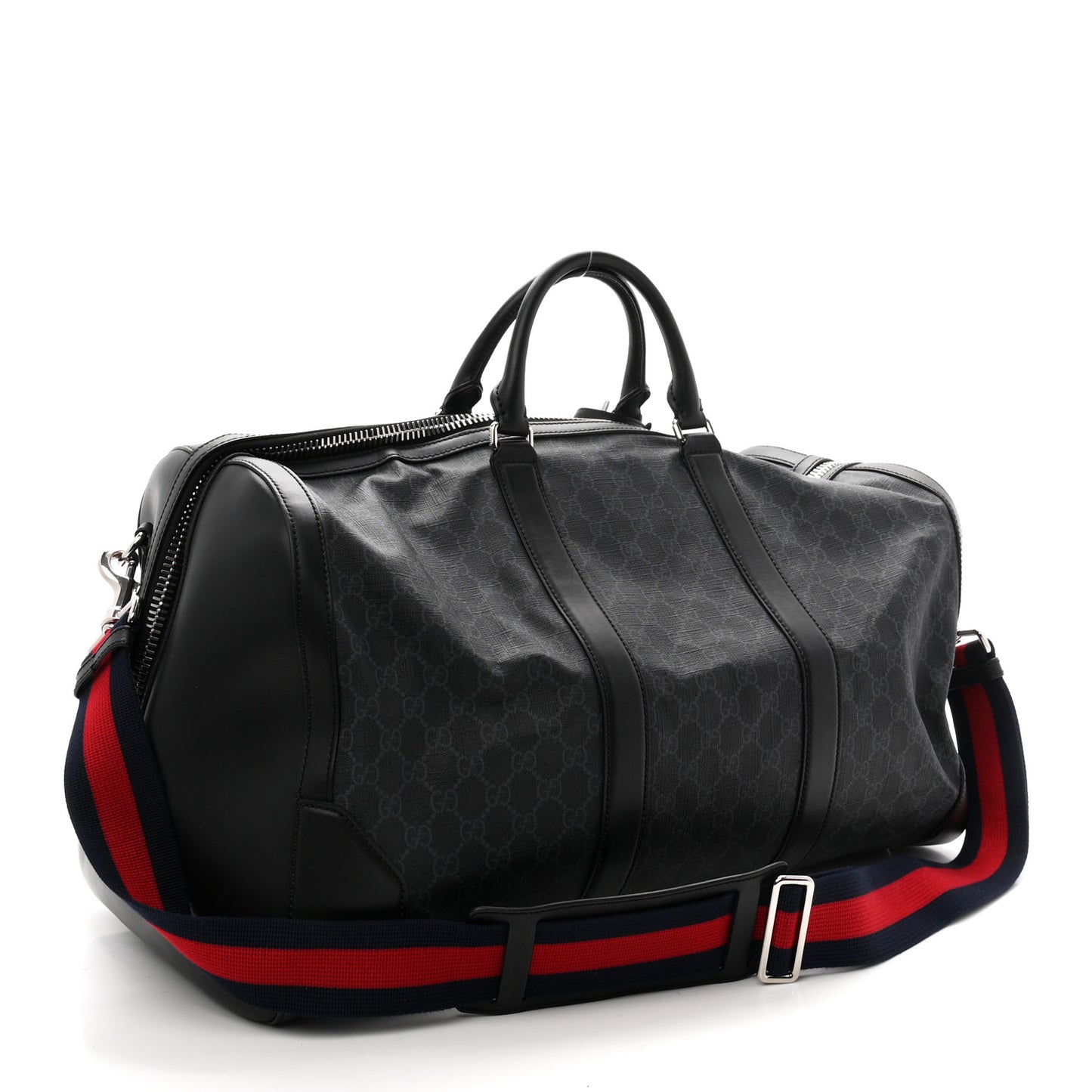 Soft GG Supreme Monogram Appia Calfskin Web Large Carry On Duffle Bag Black Grey